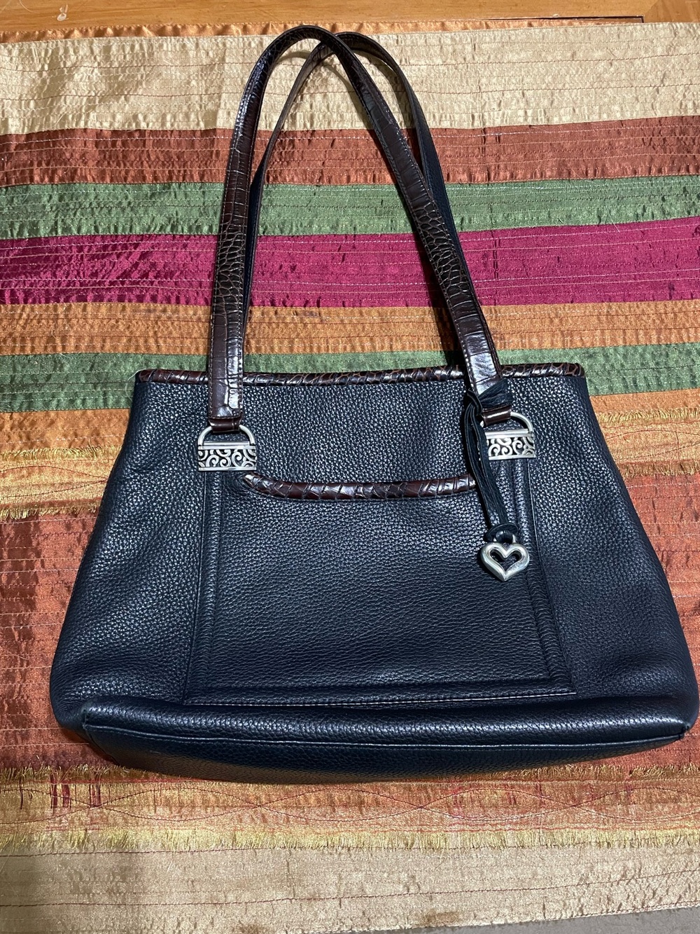 Brighton Black Pebbled Leather Shoulder Bag with Croc-Trim Handles.